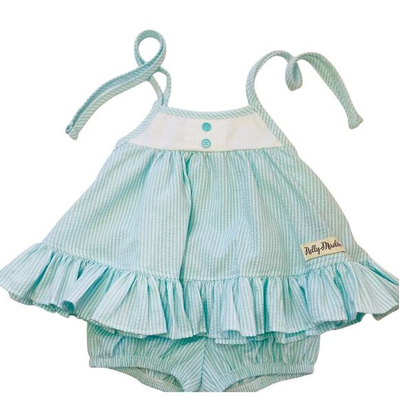 NWOT Nelly Madison Sz.3 Blue Buttercream Seersucker Tunic & Bloomers Set Preppy - Picture 1 of 12